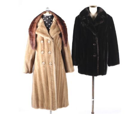 Two vintage faux fur coats and fox fur scarf. The scarf with a brown lining, L108cm, the Astrakan dark brown/black coat with 