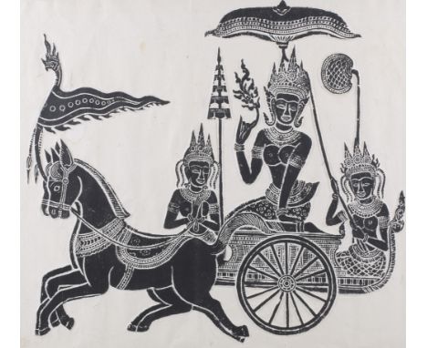 A Cambodian stone rubbing of figures in a horse drawn carriage. Framed and glazed size 71.5cm x 75cm. 