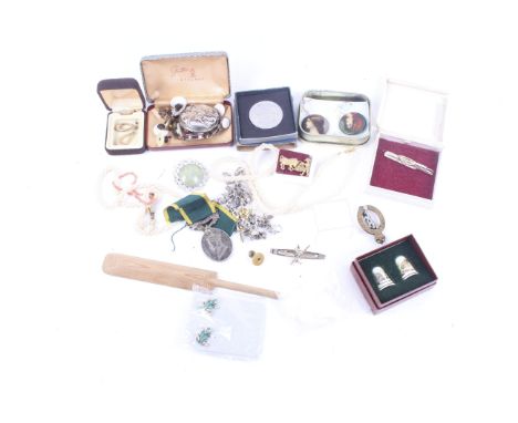 A collection of costume jewellery and collectables. Including a George VI Territorial Army medal 'For Efficient Service' awar