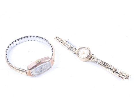 Two lady's 9ct gold cased wristwatches. Comprising; Everite, an Art Deco tonneau-shaped wrist watch with a mother of pearl Ar