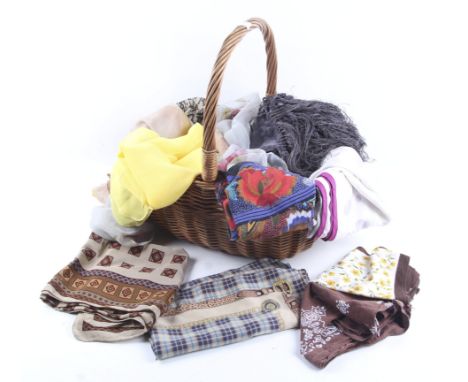 A collection of vintage scarves. Including a Yves Saint Laurent silk scarf with a brown pattern on a tan ground, 65cm x 65cm,