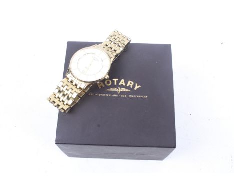 Rotary, a gentleman's gold-plated round bracelet watch. The champagne dial with baton indicators and hands and a date apertur