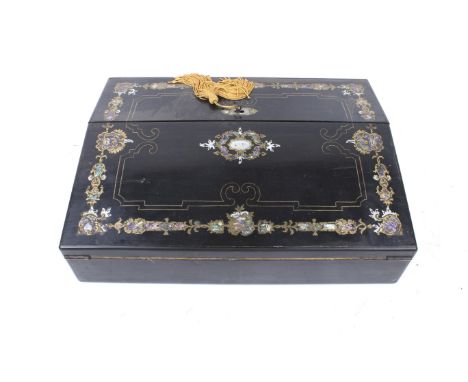 A 19th century ebonised and inlaid writing slope. Inlaid with brass, abalone and mother of pearl scrolling floral decoration.