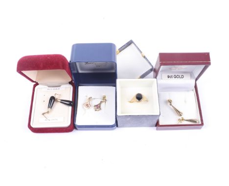 A 9ct gold and black onyx oval signet ring and three pairs of gemset earrings. The ring with hallmarks for London 1989, size 