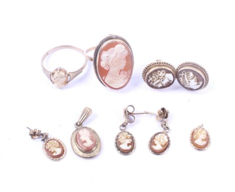 A collection of 9ct gold and shell cameo jewellery. Including two rings each depicting and unknown female profile, the large 