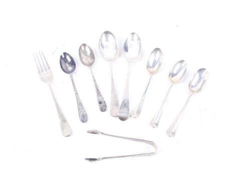A collection of miscellaneous George III and later small silver spoons and other items. Including an old English pattern tea 