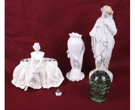 A group of five Victorian and later glass and ceramic items. Including a parian ware vase in the form of a hand, a glass 'dum