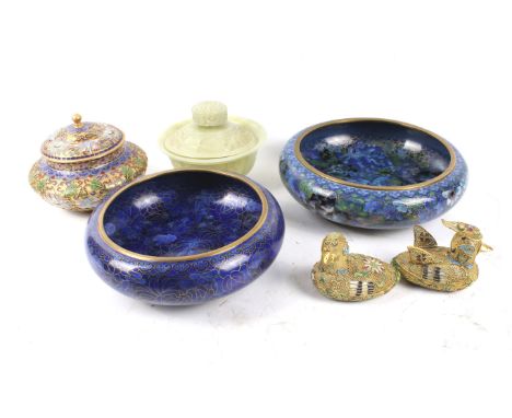 A group of traditional style contemporary Chinese decorative collectables. Including three assorted cloisonné enamel bowls, a