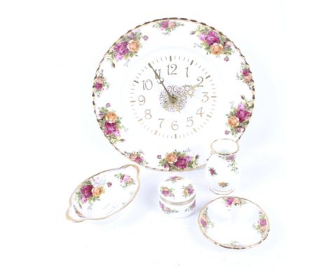 A group of five pieces of Royal Albert Old Country Roses china. Including a wall clock and a trinket box, etc. Max. H8.5cm