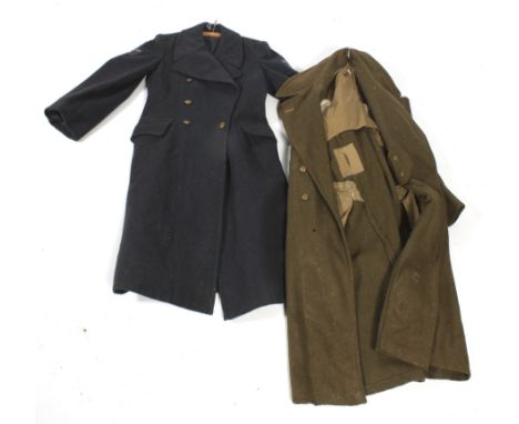 A British RAF trench coat and a military trench coat. The RAF coat coloured blue with buttons and patch to shoulder L 128cm, 