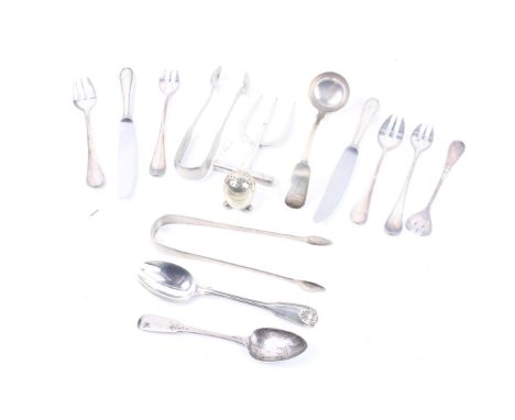 A George III Scottish silver old English pattern sugar tongs and other items. Including a Victorian silver fiddle, thread and