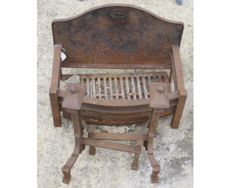 A vintage metal fire grate basket and a pair of fire dogs. L46cm x D25cm x H38cm