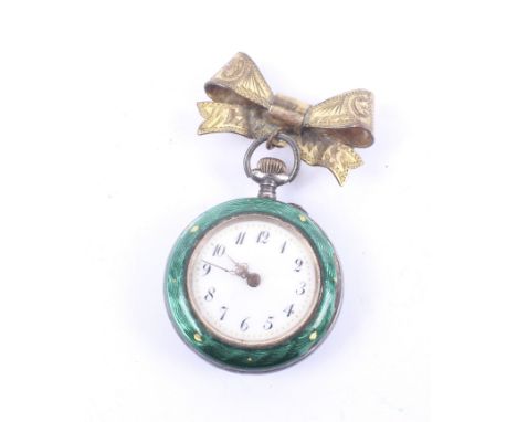 A ladies silver and enamel fob watch with gilt bow brooch