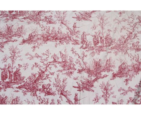 Three pieces of a French vintage bed canopy.  Comprising a pair of curtains and a single curtain. All printed in red with in 