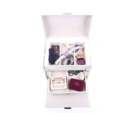 A collection of miscellaneous costume jewellery. In a cream leatherette jewellery box with a tray, three graduated drawers an