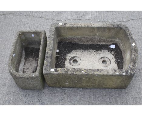 A large Sandford Stone garden trough planter. L77cm x D52cm x H24cm plus a smaller concrete trough. (2).