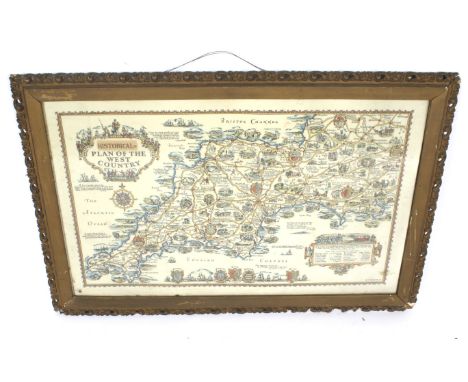 A vintage coloured map of the 'Historical Plan of the West Country' by AE Taylor. 46vm x 75cm, framed and glazed. 