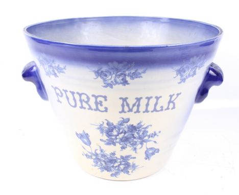 20th century 'Pure Milk' ceramic twin handle pail. Transfer printed floral decoration, Crown made in England to the base. H27