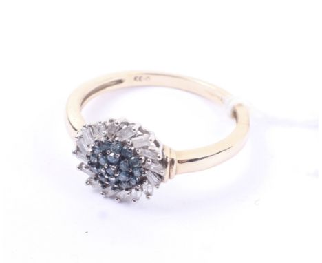 A vintage 9ct gold and diamond cluster ring. Centred with an irradiated-blue diamond 19 stone cluster within a baguette diamo