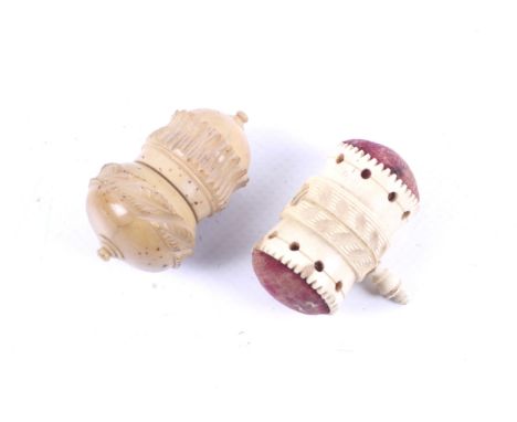 A Victorian thimble case and a sewing clamp. The turned tagua nut twisting open to reveal a single silver thimble, H5.5cm, th