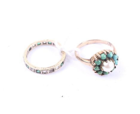 Two vintage 9ct gold and gem set rings. Comprising a turquoise and cultured-half-pearl cluster ring with hallmarks fore Londo