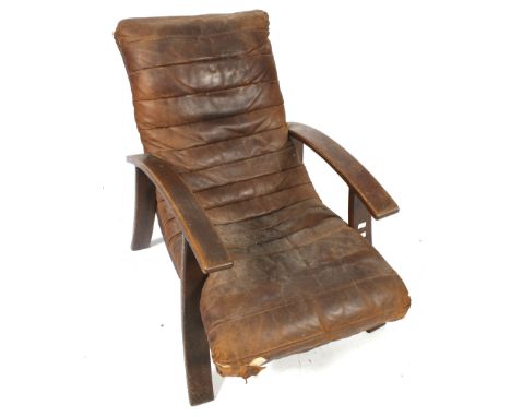 A vintage Domo oak and leather chair. Of relaxed form, with chocolate brown ribbed continuous cushion. H80cm x D105cm