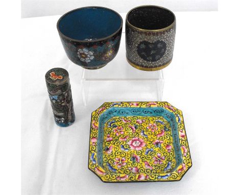 A Chinese enamel dish, decorated flowers on a yellow ground; together with a Chinese white metal lidded container decorated w