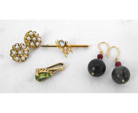 A Victorian 9 carat gold spider brooch set with aquamarine and pearls; a pair of 9 carat gold & pearl flower form earrings; a