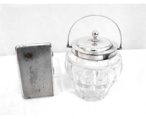 A cut glass biscuit barrel with silver plated mounts, inscribed 'D.W.S From R.A.F Euston Sept.1941', and a WWII silver plated