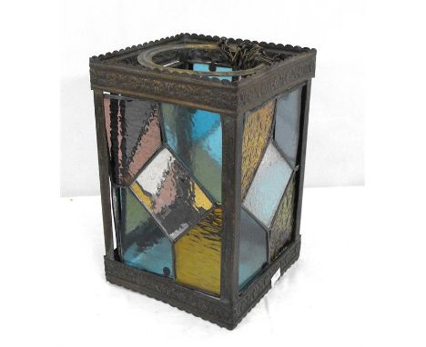 An early 20th century brass and stained glass hall lantern 17cm x 17cm 