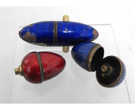 A early 20th century red guilloché enamel bell push, a similar blue guilloche bell push, and a similar blue light switch, A/F