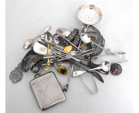 A silver plated cigarette case, commemorative spoons and other items (box) 