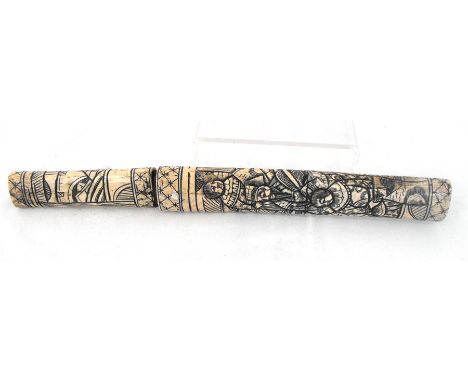 A Japanese dagger, with bone handle and scabbard carved with figures 29.5cm long 