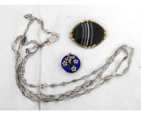 A Georgian white metal long-guard; a Georgian brooch decorated with flowers set with pearls & diamonds, on a blue enamel grou
