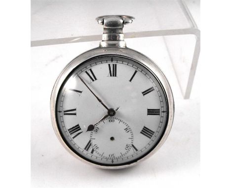 An early 19thC pair cased open faced pocket watch, the enamel dial with Roman numerals and subsidiary seconds, the movement s