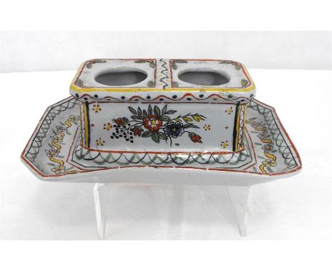 A Faience ceramic desk stand decorated flowers (lacks inkwells) 18cm x 12cm 