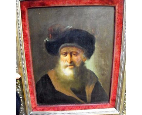 A 19th century Russian school, 'Portrait of an old bearded man wearing a fur hat', oil on panel. 17cm x 22.5cm.