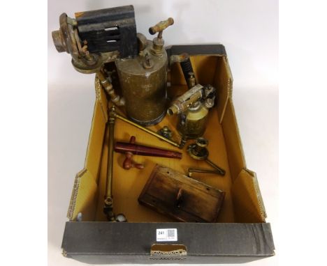 Large blow torch, smaller blow torch and a 19th Century adjustable brass gas lamp and lock (4)    Condition Report   Click he