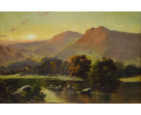 Mountainous Landscape with Sheep at Dusk, oil on canvas signed by M. Ducker (aka F. E. Jamieson, 1895-1950), 50cm x 75cm   Co