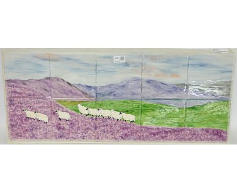 Set of six hand painted ceramic tiles depicting sheep on the moor, overall L79cm     Condition Report   Click here for furthe