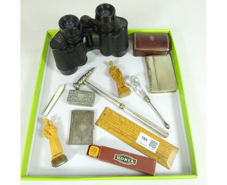 Victorian white metal snuff box, other Victorian snuff boxes, toffee hammer, boxwood rule, pair of 8x30 field binoculars, Anr