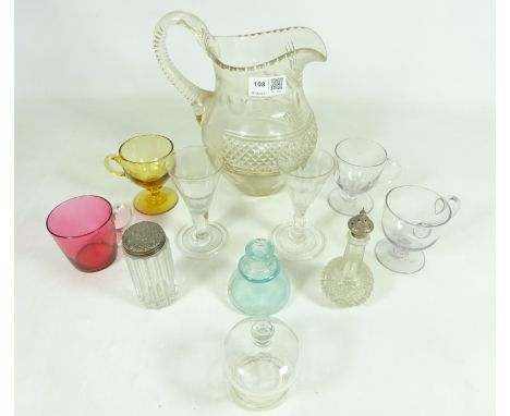 Victorian cut glass pitcher, two early 19th Century drinking glasses, Victorian sugar caster and perfume bottle both with hal