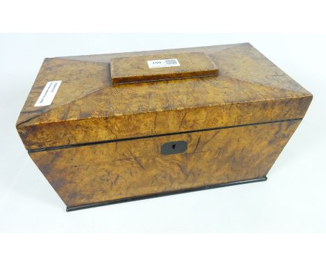 Victorian burr walnut sarcophagus shape tea caddy, with two walnut liners and brass lion head, L32cm x H18cm    Condition Rep