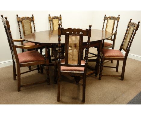 Early 19th century oak drop leaf dining table, turned quadruple gate leg base, with later top (122cm x 181cm, H76cm), and 20t