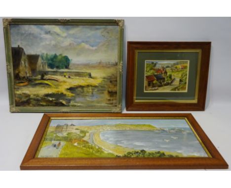 Harbour Scene, oil on board signed by M Conway, Scarborough, oil on board signed by W E Sayers and Beck Hole Goathland, water
