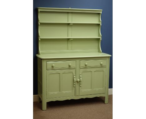 Ercol dresser, two drawers and two cupboards, raised two heights plate rack, painted in green, W123cm, H161cm   Condition Rep