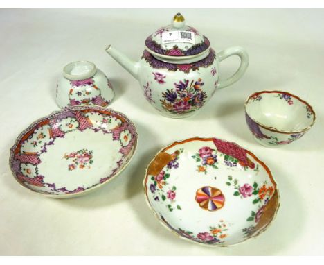 18th/ early 19th Century Chinese type teapot and two similar English porcelain tea bowls and saucers (5)   Condition Report  