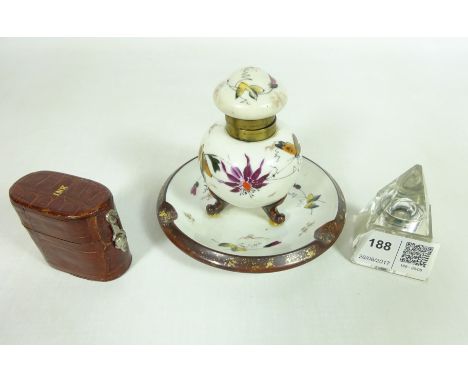 Late 19th Century continental porcelain inkwell, travel inkwell in fitted animal skin case and another inkwell in the form of