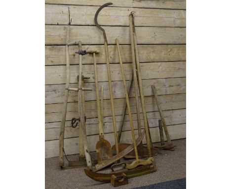 Sheep dipper, two scythes and other farming tools
