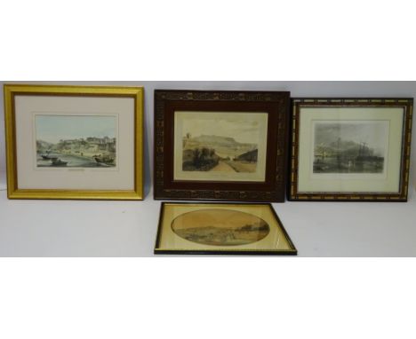 Four 19th century hand coloured engravings including 'Scarborough, Yorkshire', by William Daniell pub. W Daniell, London 1822
